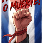 Raised fist with red ribbon in front of Cuban flag with text ¡Patria o muerte!