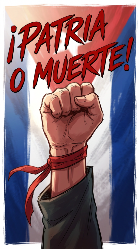 Raised fist with red ribbon in front of Cuban flag with text ¡Patria o muerte!